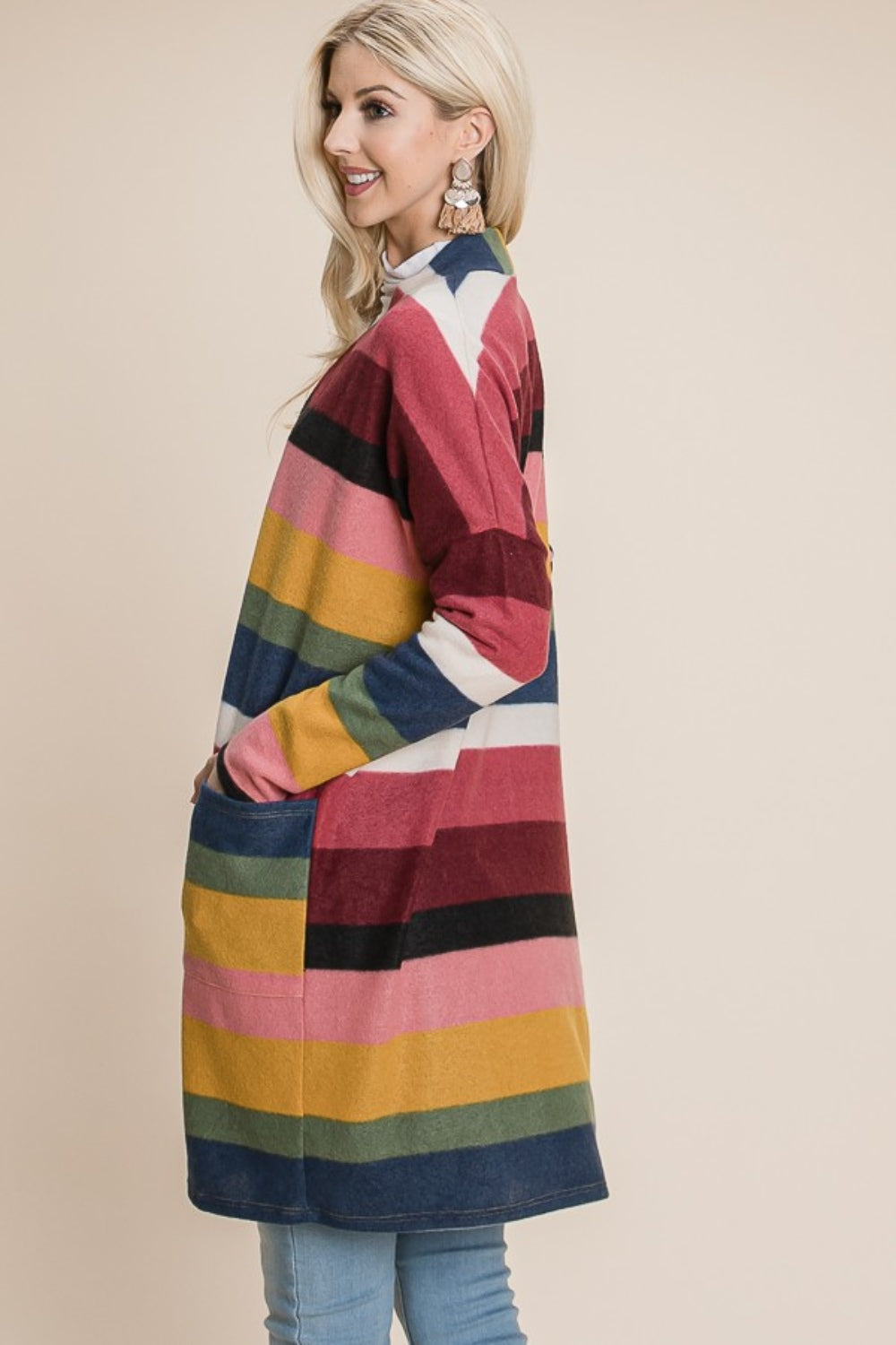 BOMBOM Color Block Striped Open Front Cardigan  Trendsi   