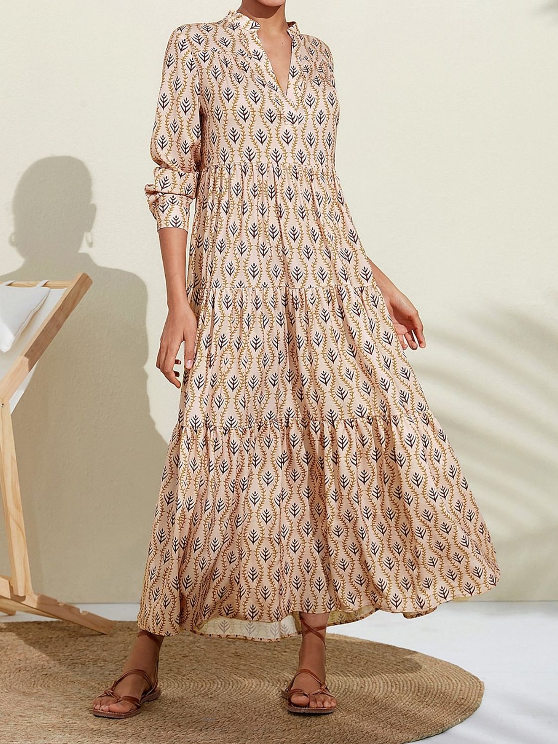 Printed Notched Long Sleeve Midi Dress  Trendsi   