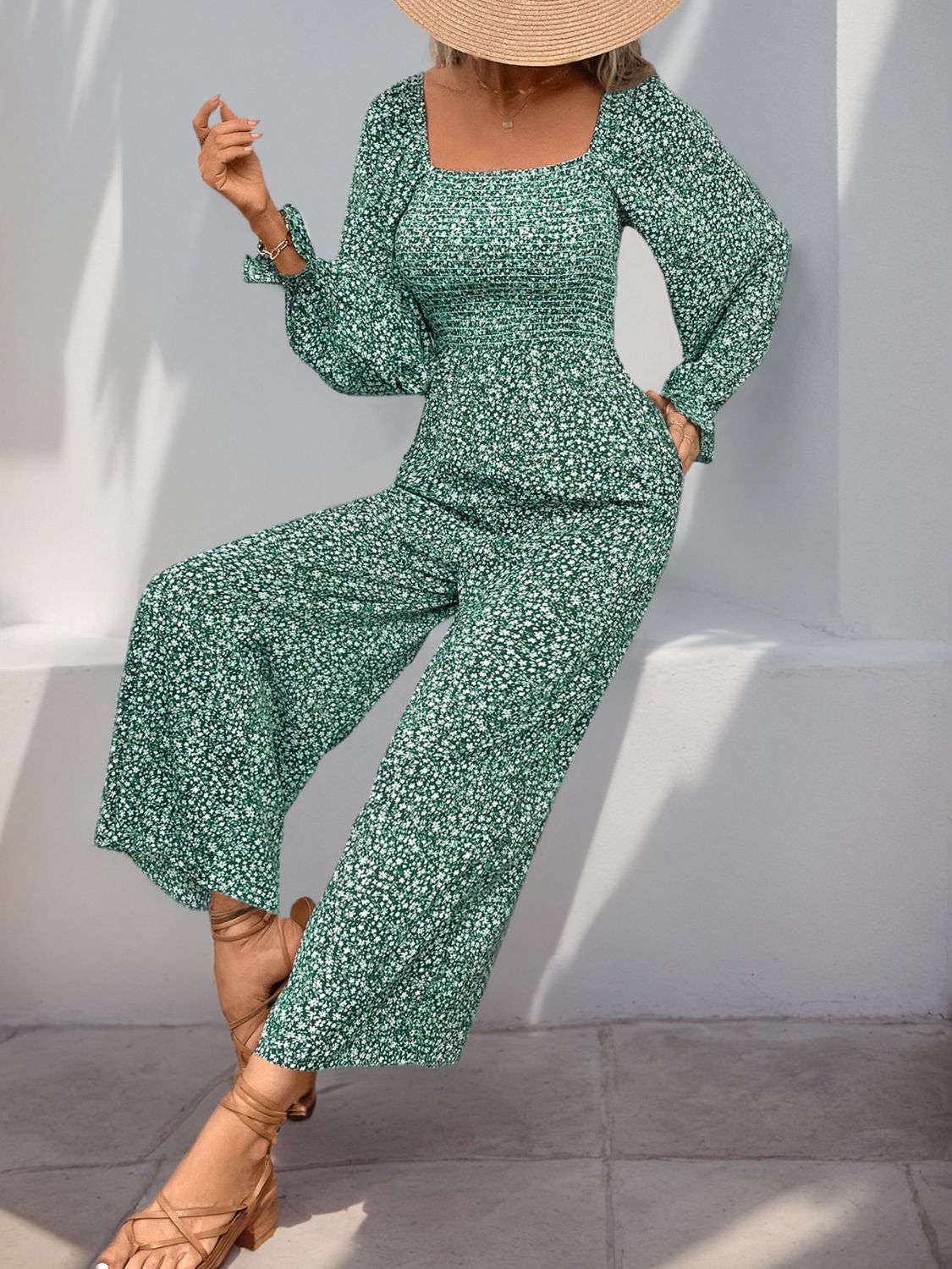 Perfee Smocked Printed Long Sleeve Wide Leg Jumpsuit  Trendsi   