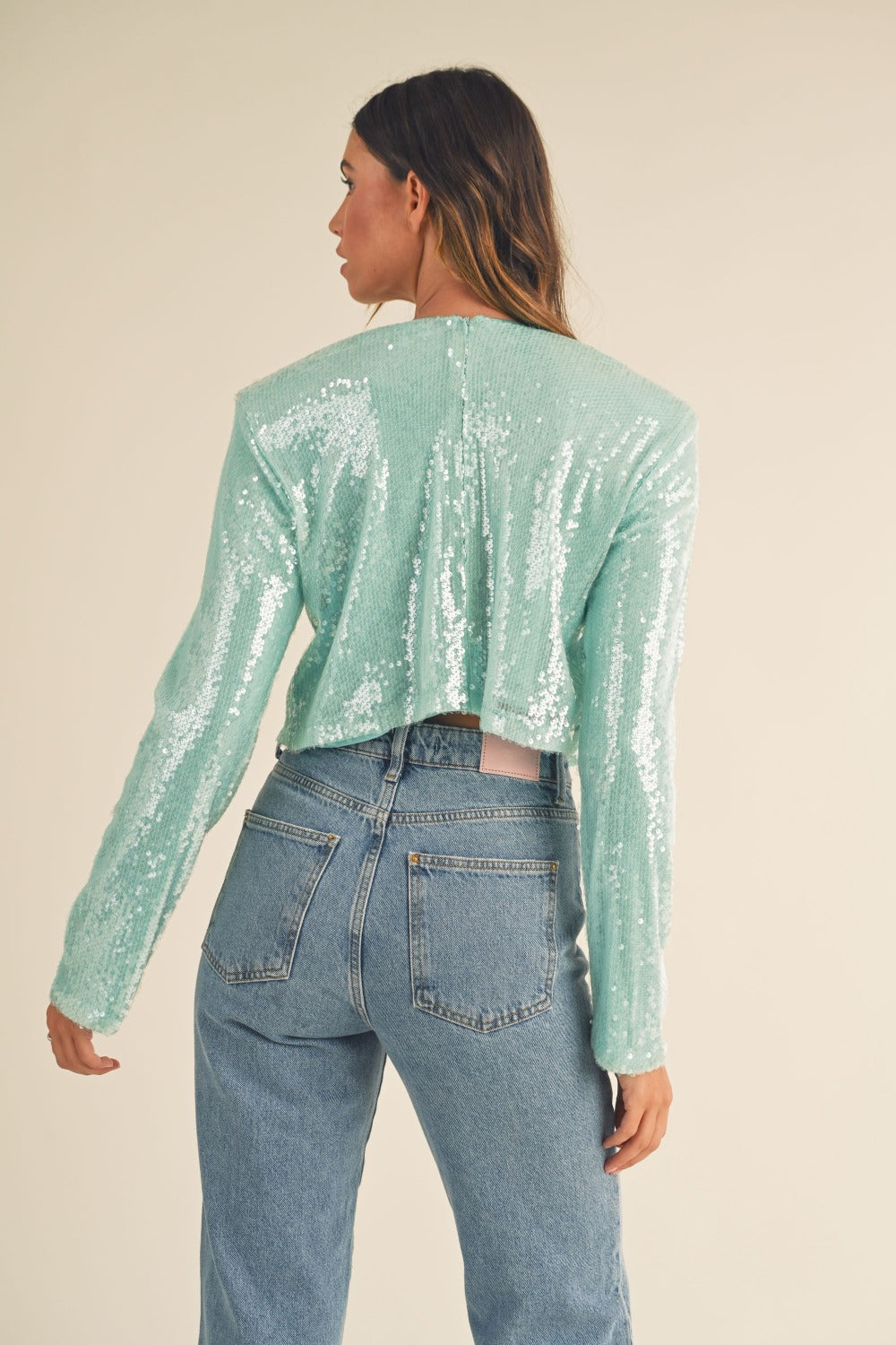 MABLE Shoulder Padded Sequin Crop Top  Trendsi   