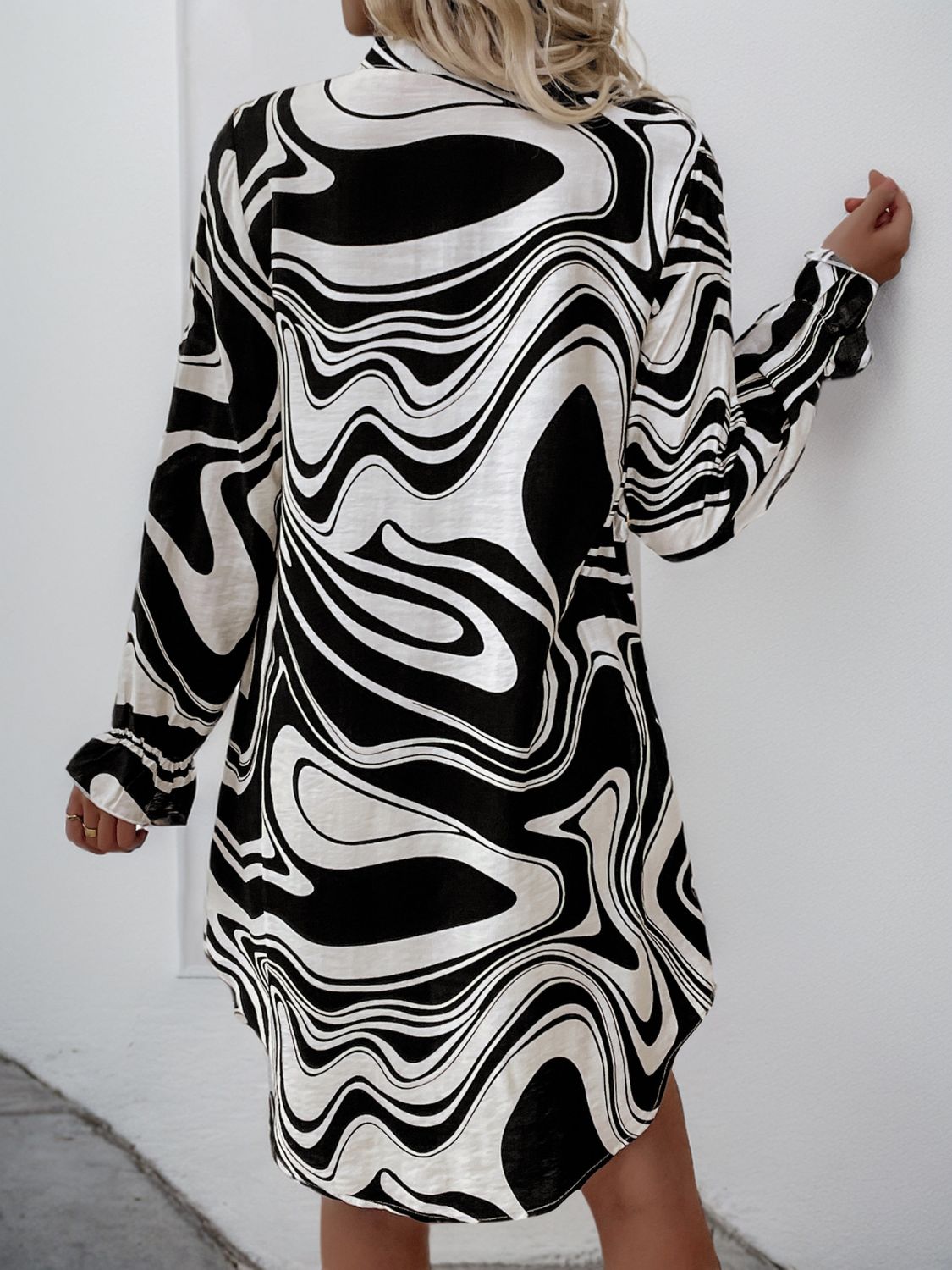 Perfee Ruffled Printed V-Neck Long Sleeve Dress  Trendsi   