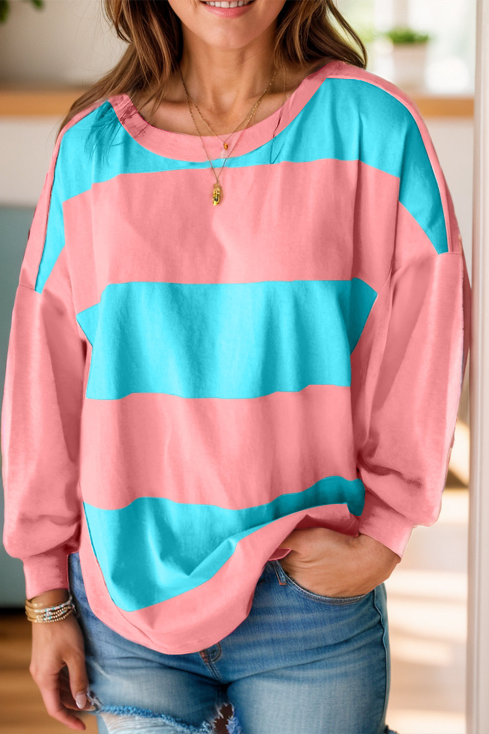 Color Block Round Neck Long Sleeve Top  Trendsi Pink S 