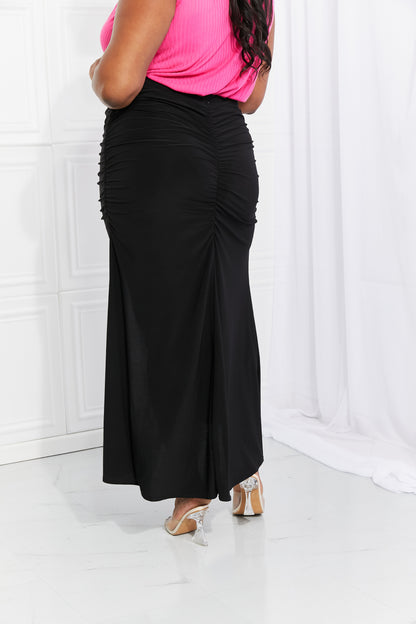 White Birch Full Size Up and Up Ruched Slit Maxi Skirt in Black