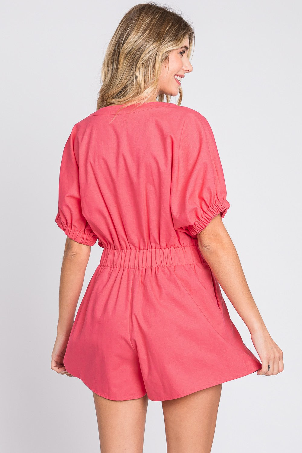 GeeGee Half Button V-Neck Linen Romper  Trendsi   