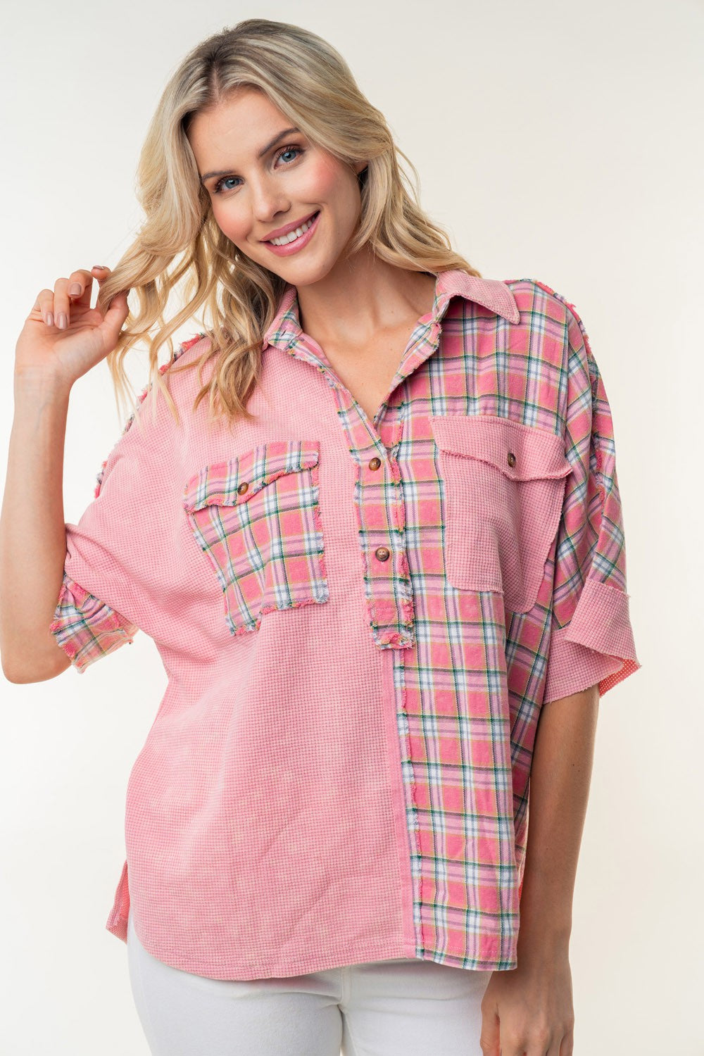 White Birch Plaid Color Block Half Button Top  Trendsi   