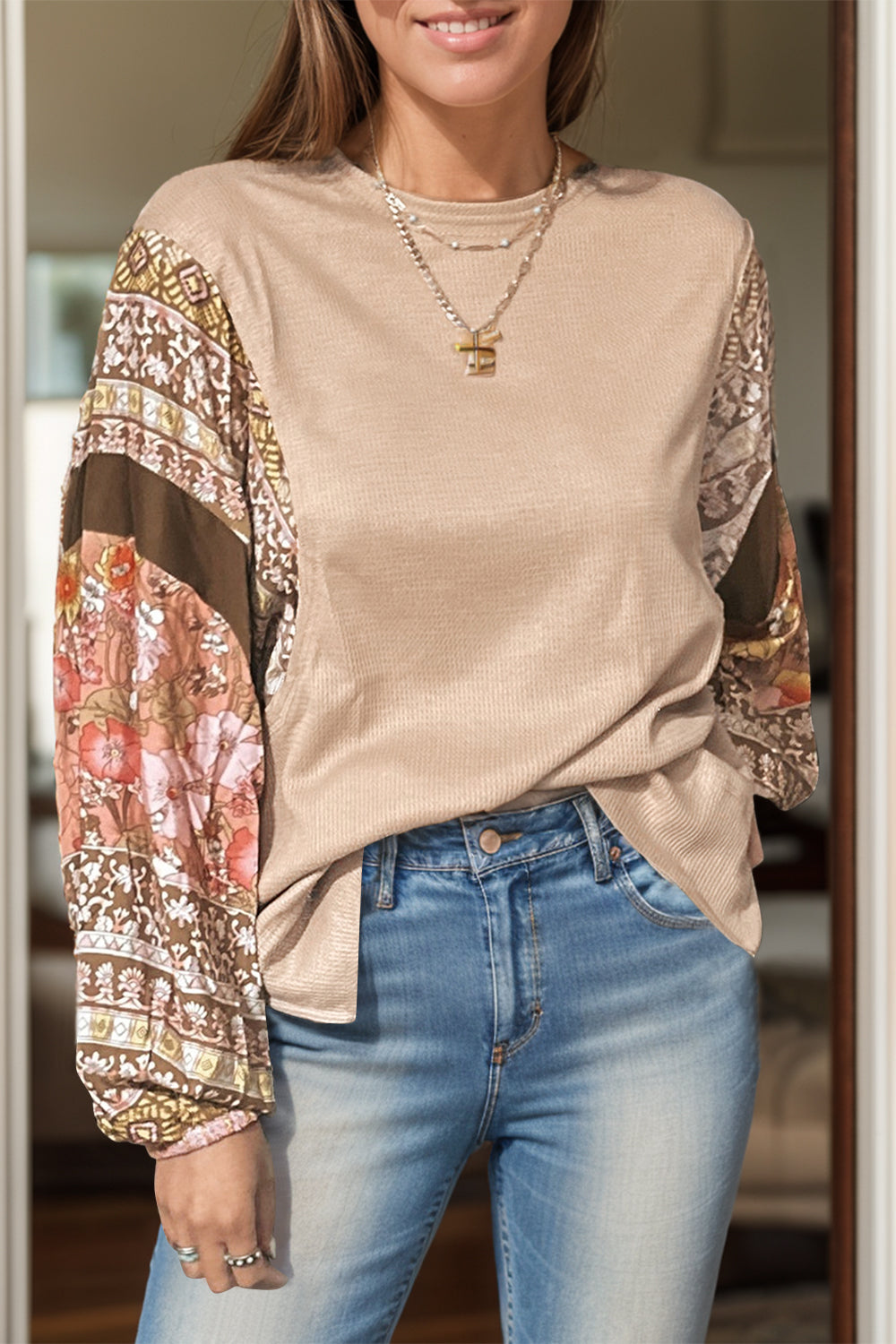 Printed Round Neck Long Sleeve Top  Trendsi Dust Storm S 