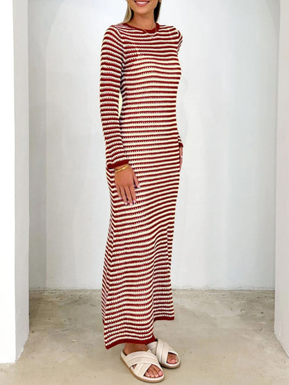 Devine Tied Round Neck Striped Sweater Dress  Trendsi   