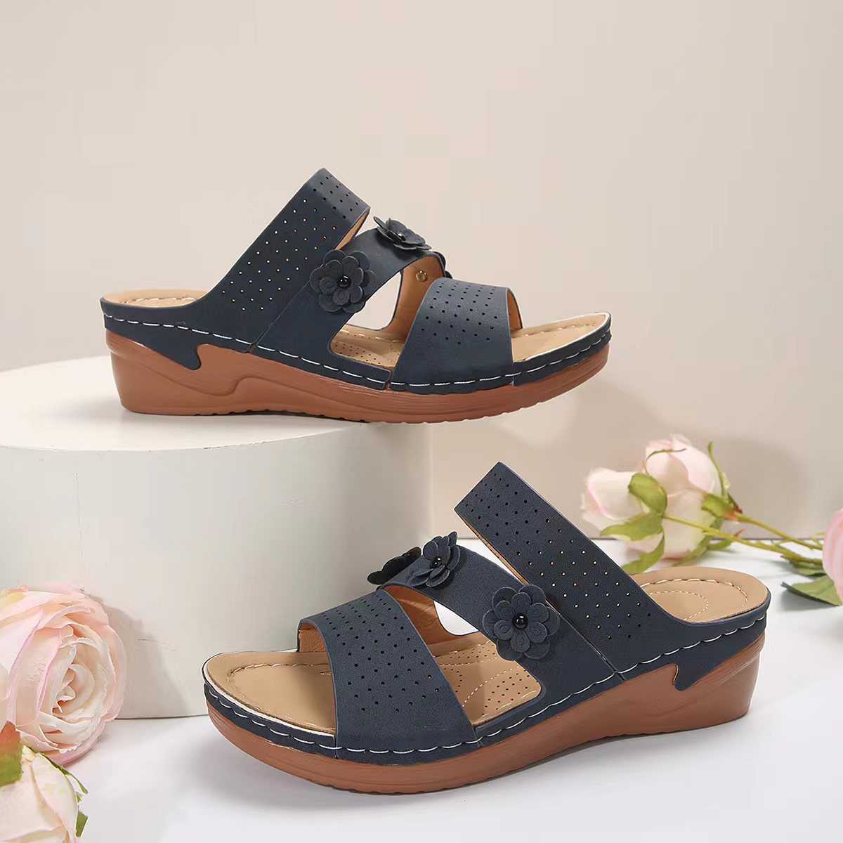 Flower PU Leather Wedge Sandals  Trendsi   