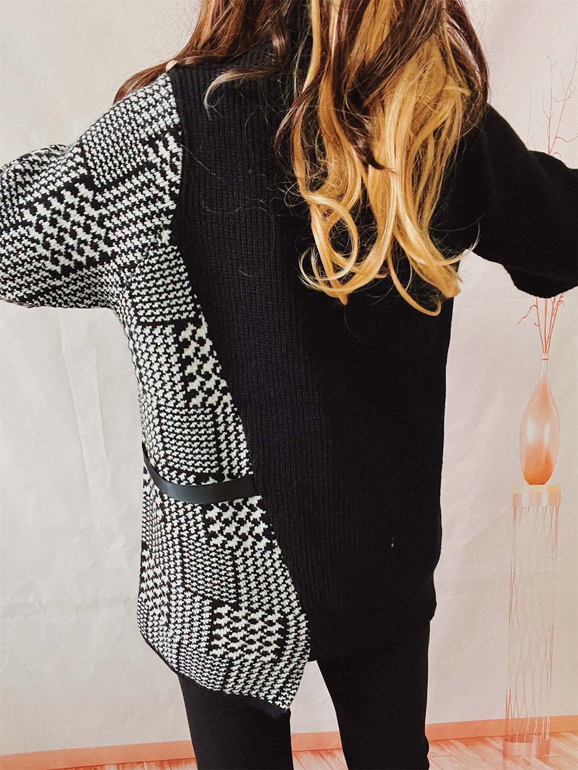 Houndstooth Turtleneck Long Sleeve Slit Sweater  Trendsi   