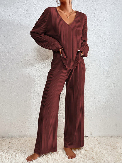 V-Neck Long Sleeve Top and Pants Set  Trendsi Burgundy S 