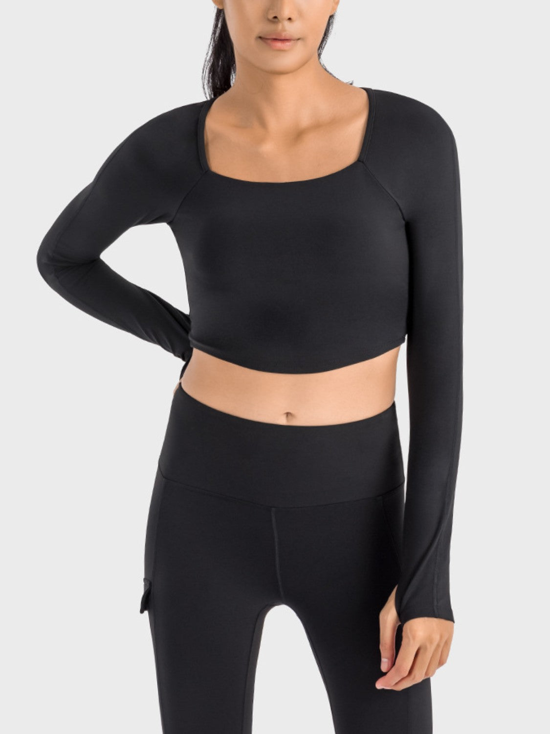 Millennia Square Neck Long Sleeve Cropped Sports Top  Trendsi Black 4 