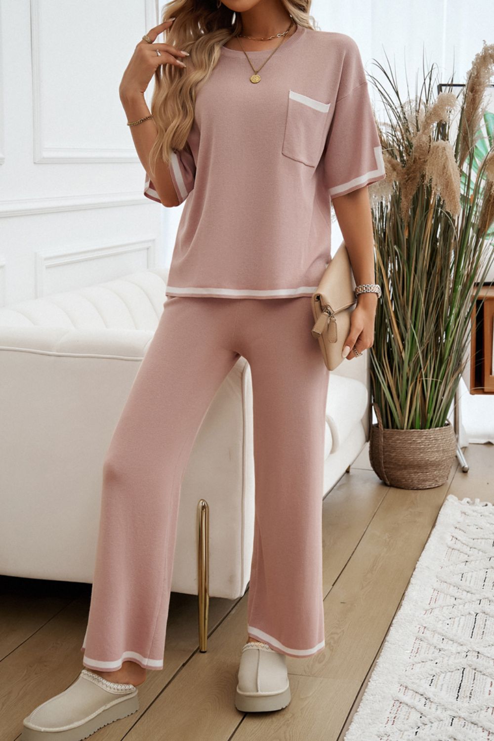 Devine Contrast Trim Half Sleeve Top and Pants Set  Trendsi   