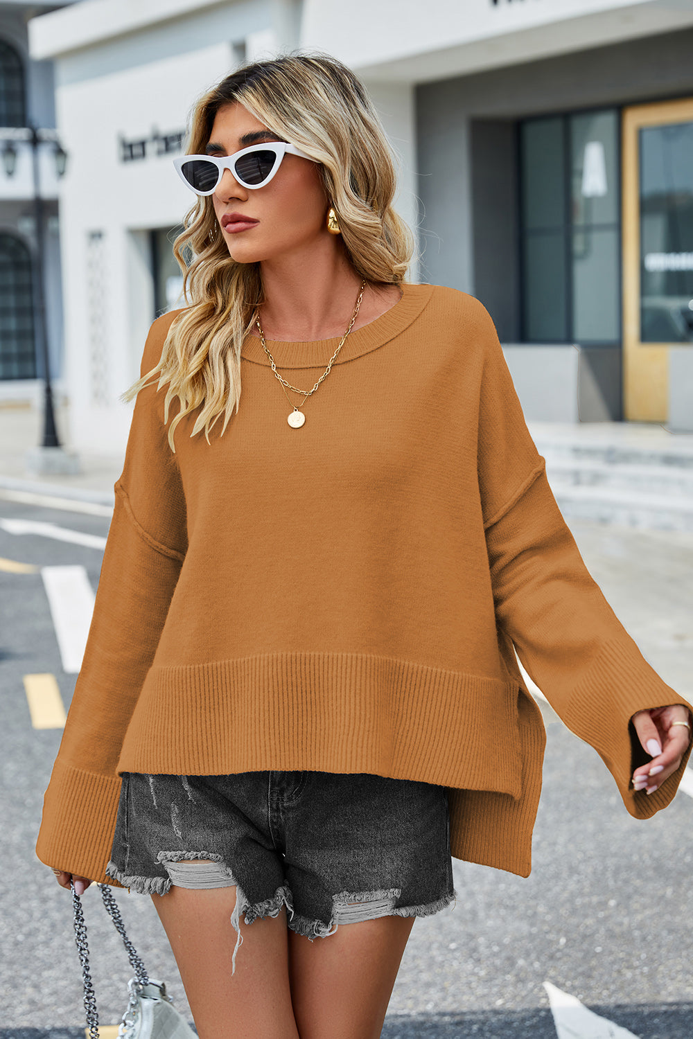 High-Low Slit Round Neck Long Sleeve Sweater  Trendsi   