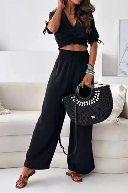 Surplice Short Sleeve Top and Pants Set  Trendsi Black S 