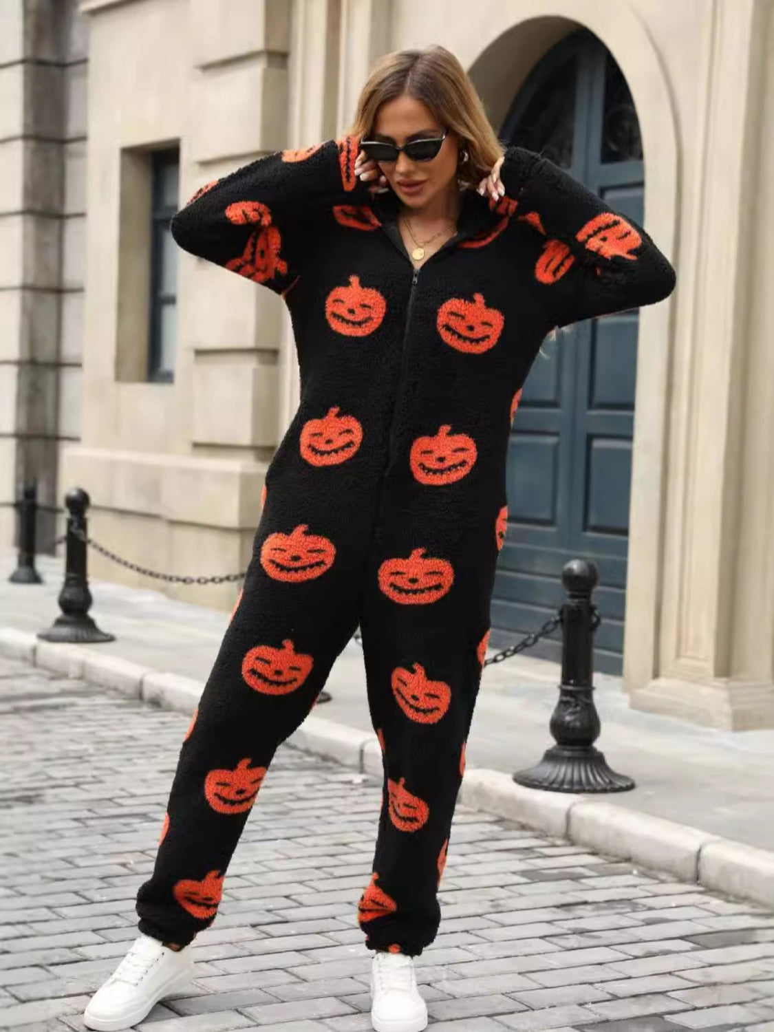 Fuzzy Pumpkin Half Zip Hooded Jumpsuit  Trendsi   