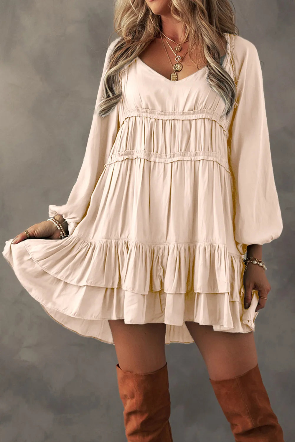 Frill Ruffled V-Neck Long Sleeve Mini Dress  Trendsi Eggshell S 