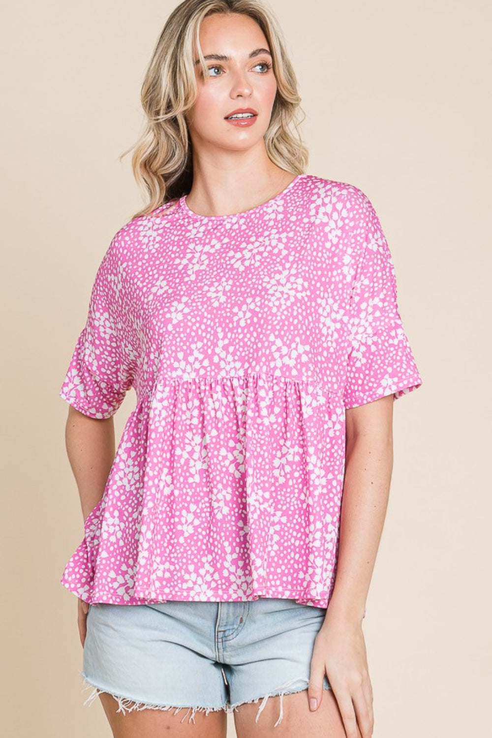 BOMBOM Floral Round Neck Peplum Blouse  Trendsi   