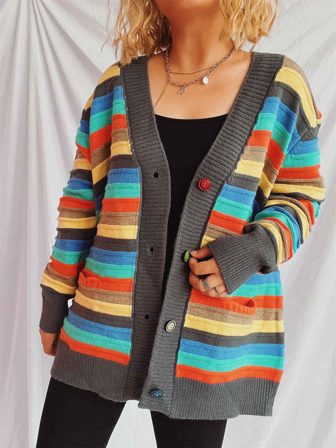 Contrast Stripes Button Up Long Sleeve Cardigan