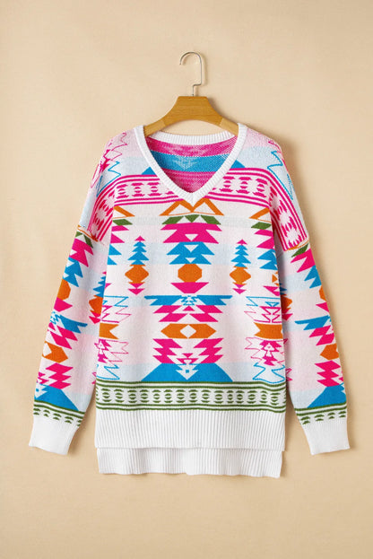 Geometric V-Neck Long Sleeve Sweater  Trendsi   