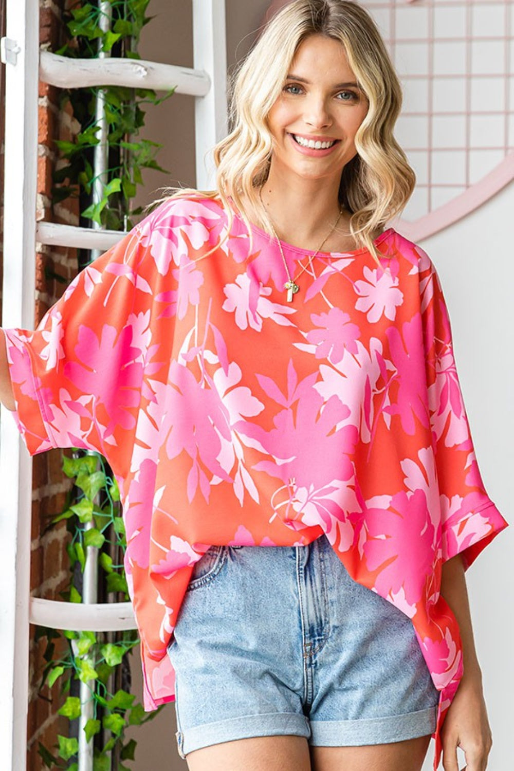 First Love Slit Printed Round Neck Half Sleeve Blouse  Trendsi CORALMULTI S 