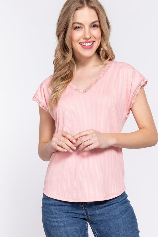 ACTIVE BASIC Lace Trim V-Neck Short Sleeve Ribbed Top  Trendsi PINK S 