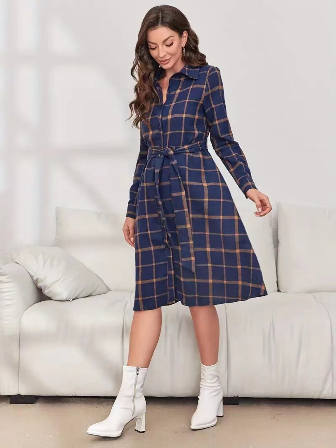 Plaid Tie Waist Long Sleeve Dress  Trendsi   