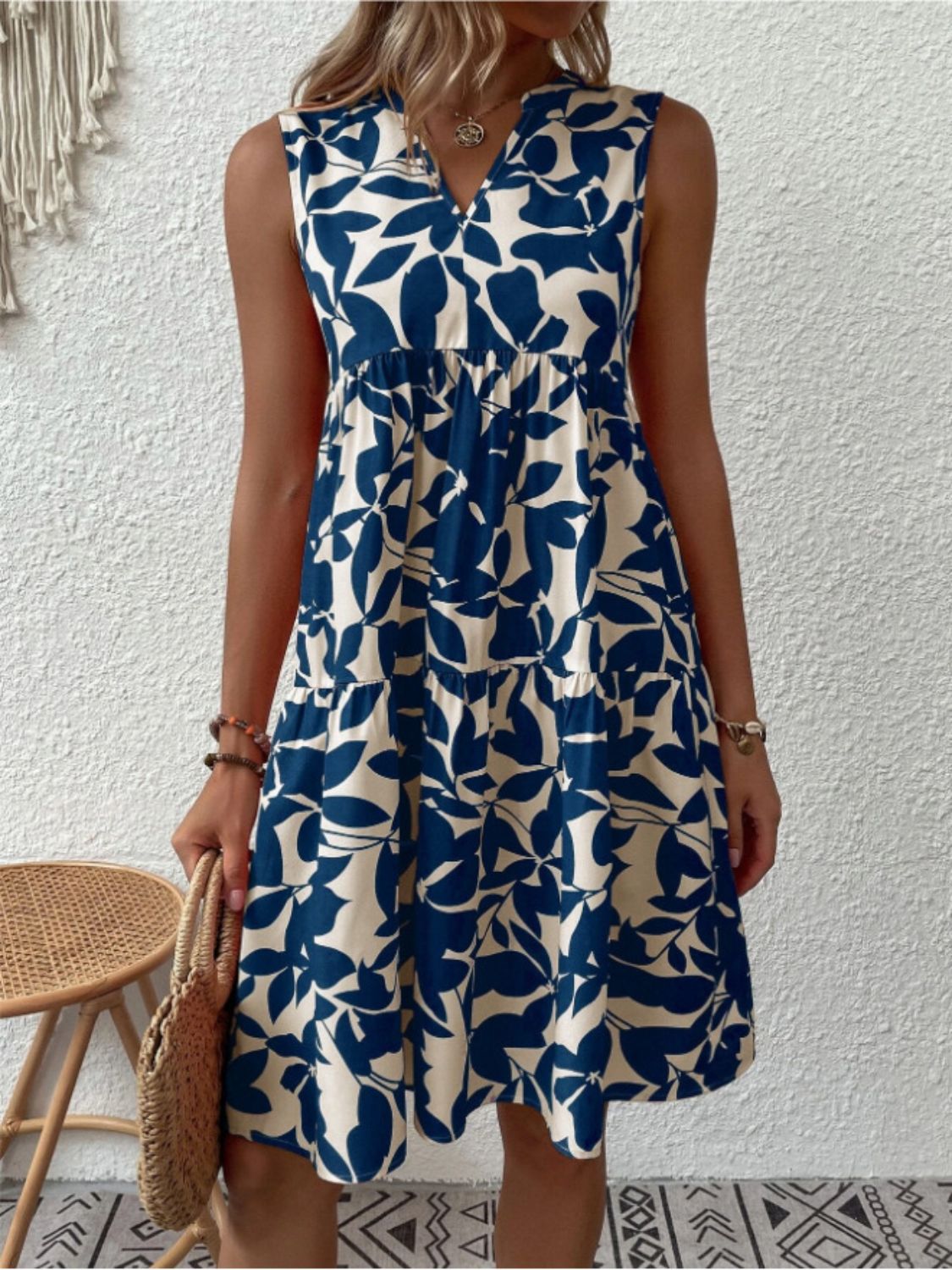 Printed Notched Sleeveless Mini Dress Dress Trendsi   