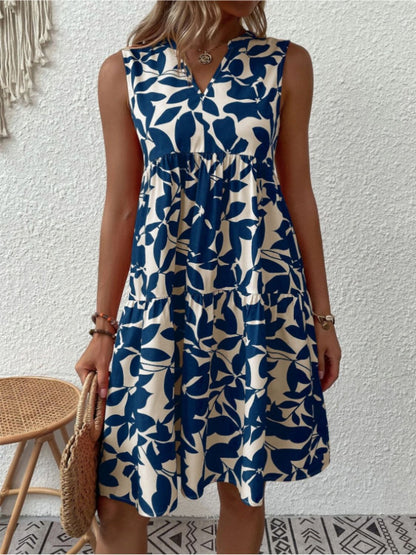 Printed Notched Sleeveless Mini Dress Dress Trendsi   