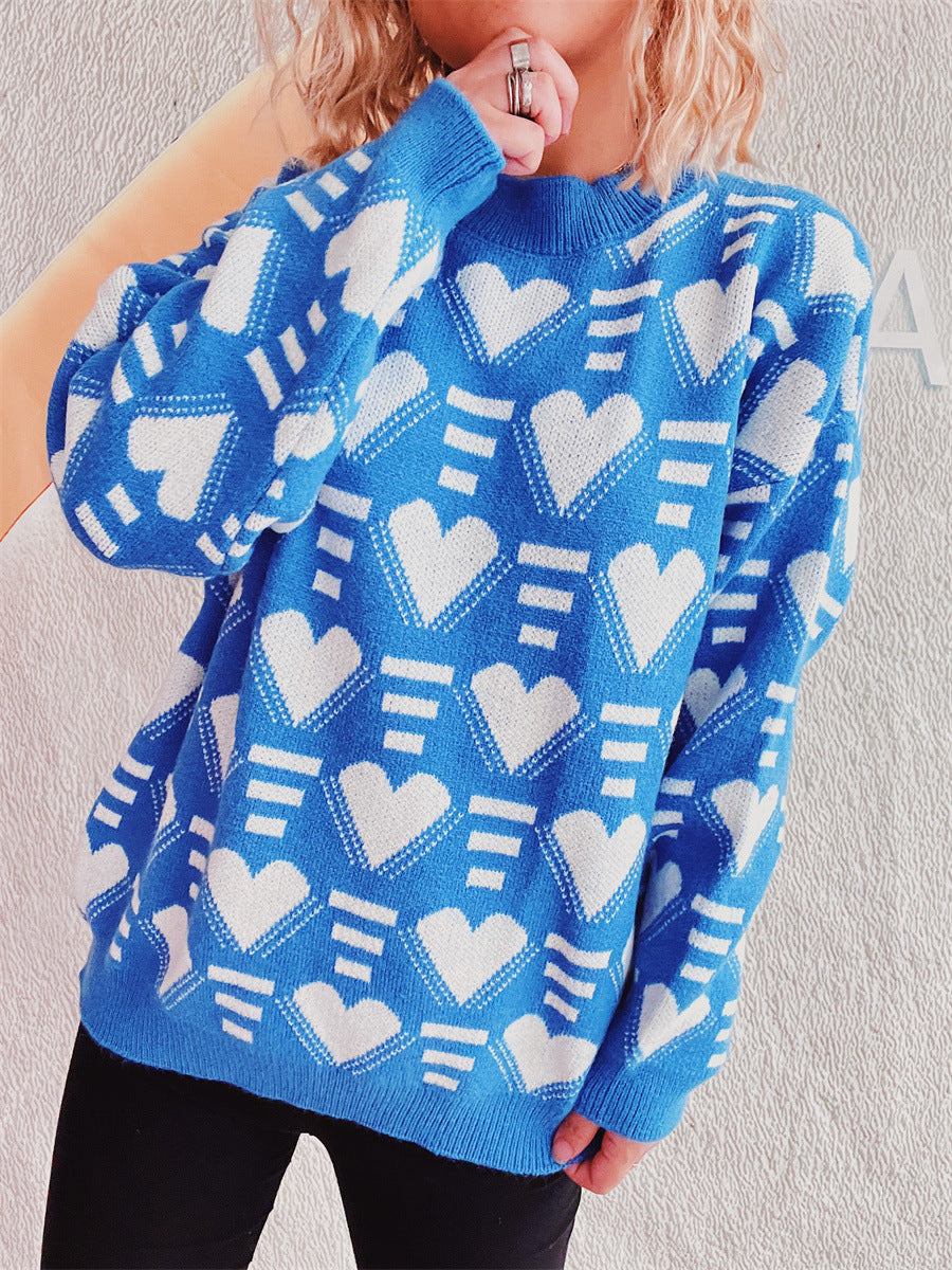 Heart Contrast Long Sleeve Dropped Shoulder Sweater  Trendsi Blue One Size 