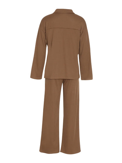 Collared Neck Long Sleeve Top and Drawstring Pants Set  Trendsi   