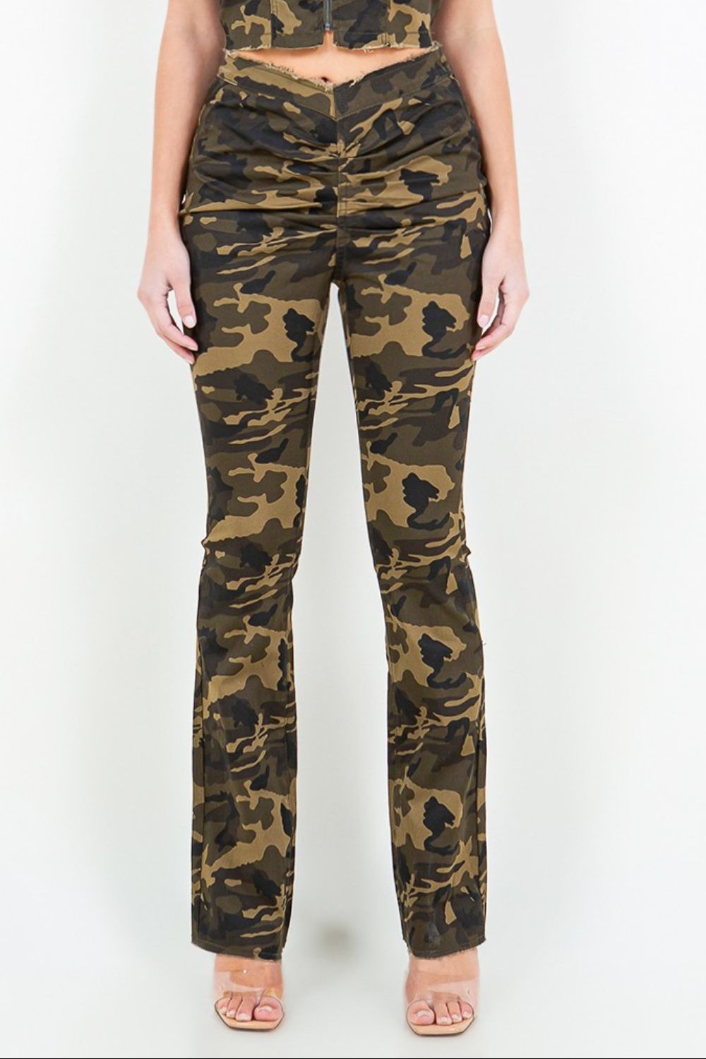 American Bazi V-Cut Ruched Camo Flare Pants  Trendsi   