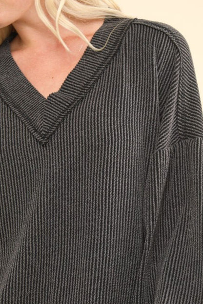 VERY J Two Tone Ribbed V-Neck Exposed Seam Top Luxe Trendsi   