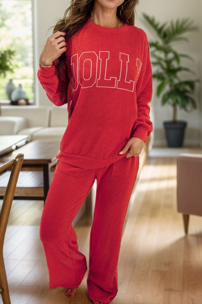 JOLLY Round Neck Long Sleeve Top and Pants Lounge Set