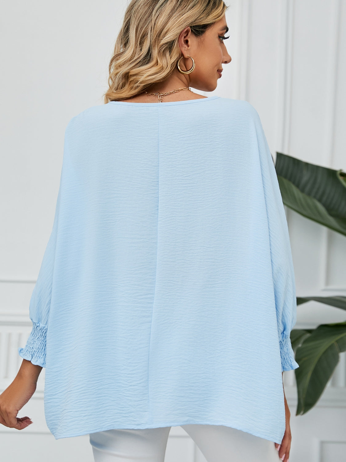 Smocked Lantern Sleeve Round Neck Blouse Blouse Trendsi   