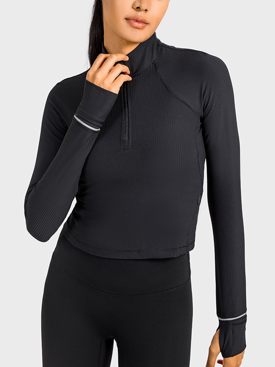 Millennia Mock Neck Half Zip Long Sleeve Sport Top  Trendsi Black 4 