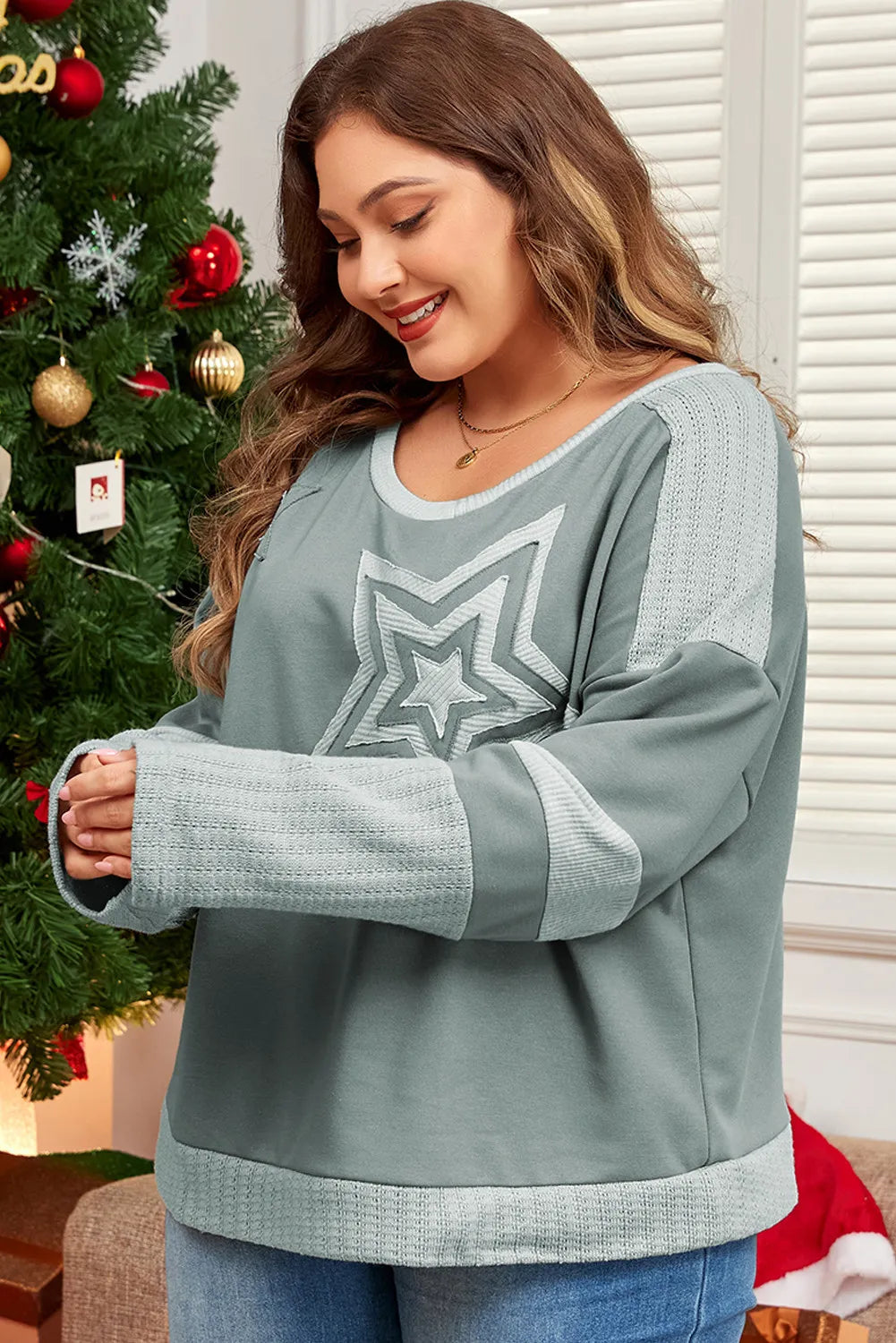 Plus Size Star Round Neck Long Sleeve Top Blouse Trendsi   