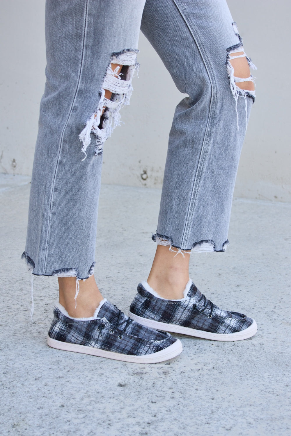 Forever Link Plaid Plush Flat Sneakers  Trendsi   