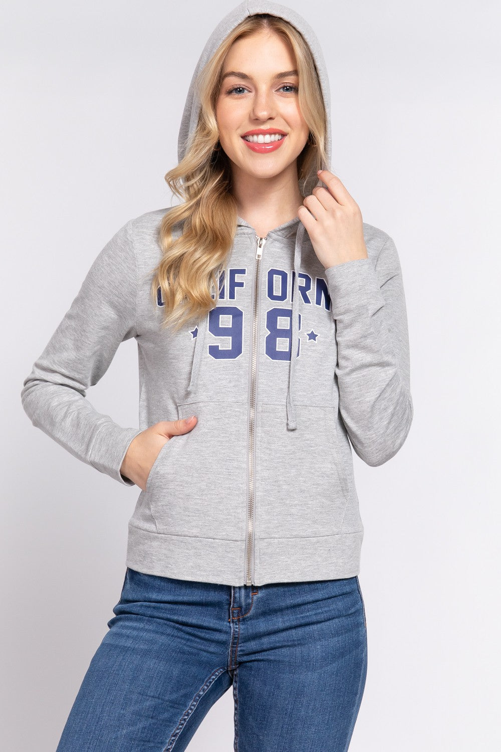 ACTIVE BASIC CALIFORNIA Zip Up Drawstring Long Sleeve Hoodie  Trendsi H Grey/Navy S 