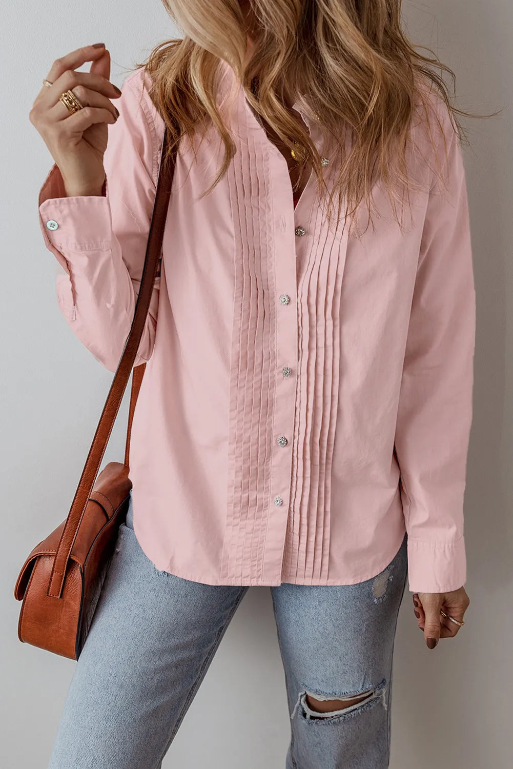 Button Up Long Sleeve Shirt  Trendsi Blush Pink S 