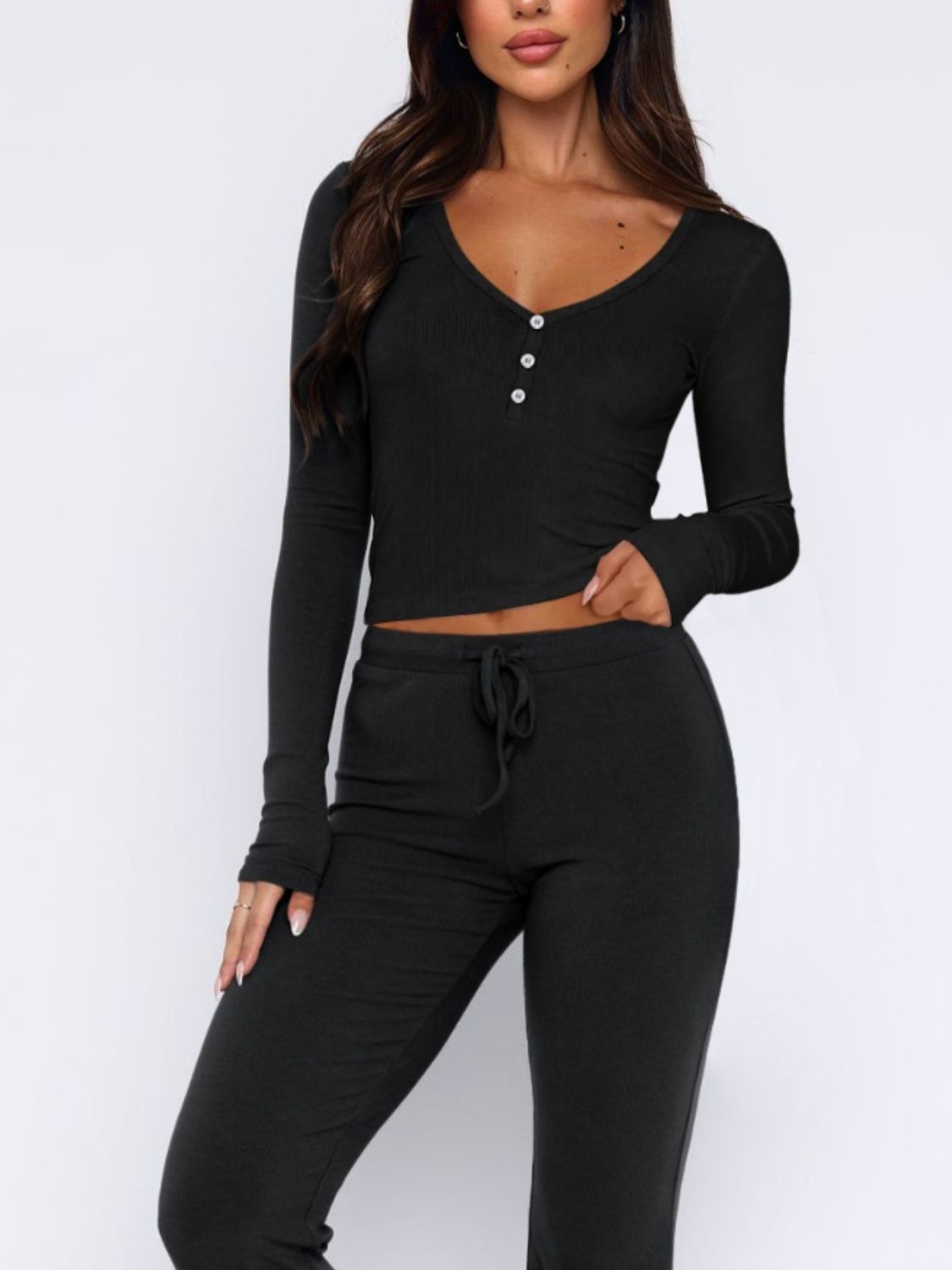 V-Neck Long Sleeve Top and Pants Set  Trendsi   