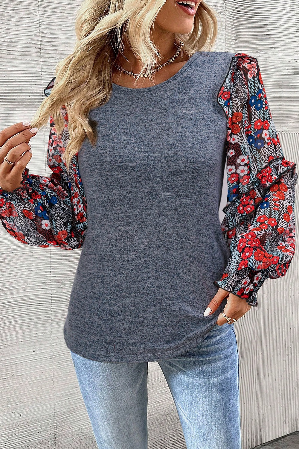 Heathered Floral Frill Lantern Sleeve Blouse Blouse Trendsi   