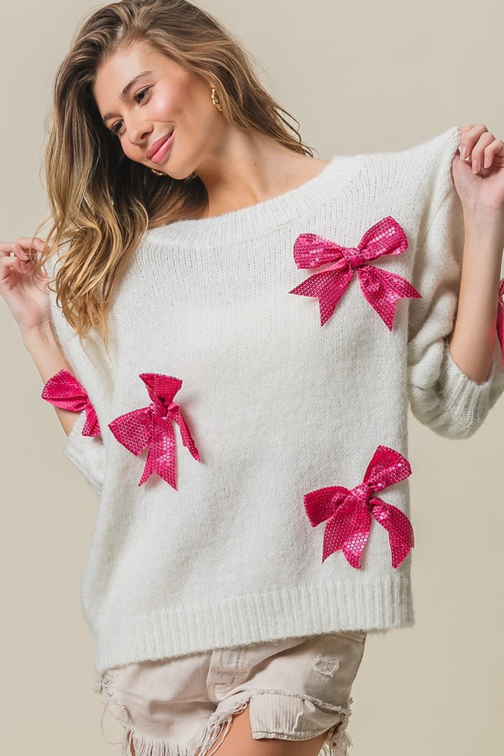 BiBi Sequin Bow Puff Sleeve Sweater  Trendsi   