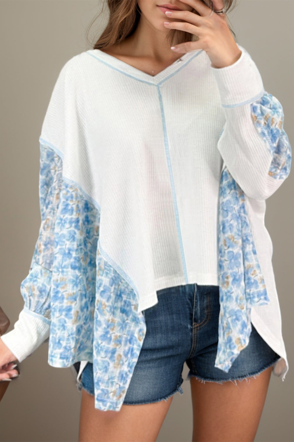 Printed V-Neck Long Sleeve Blouse Blouse Trendsi White S 