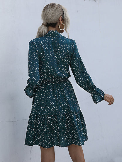 Perfee Polka Dot Tie Neck Long Sleeve Dress Dress Trendsi   