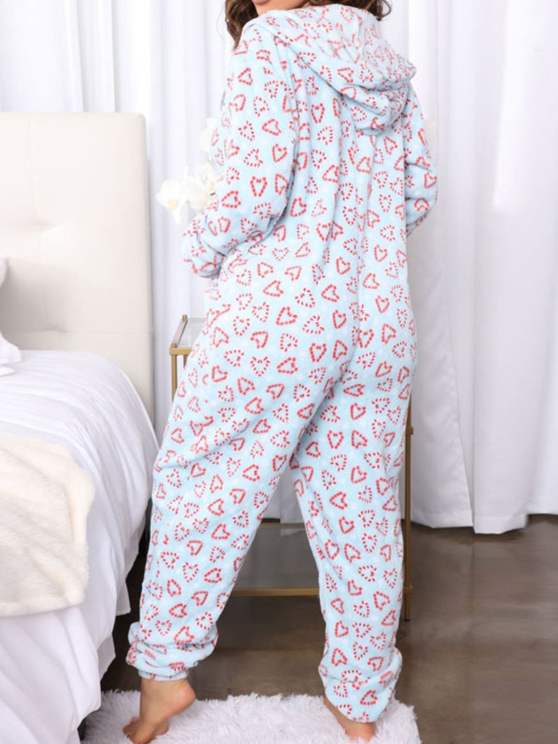 Printed Zip Up Long Sleeve Hooded Lounge Jumpsuit  Trendsi   