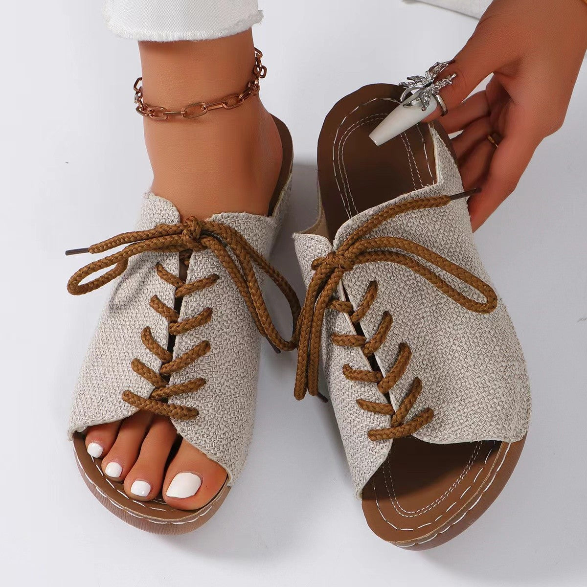 Lace-Up Open Toe Wedge Sandals  Trendsi   