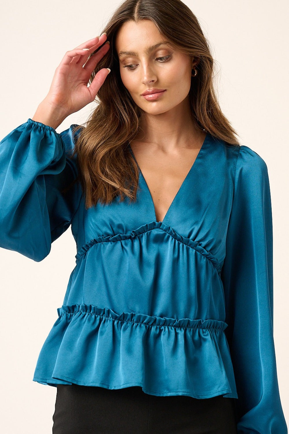 Mittoshop Satin V Neck Ruffled Tier Blouse  Trendsi   