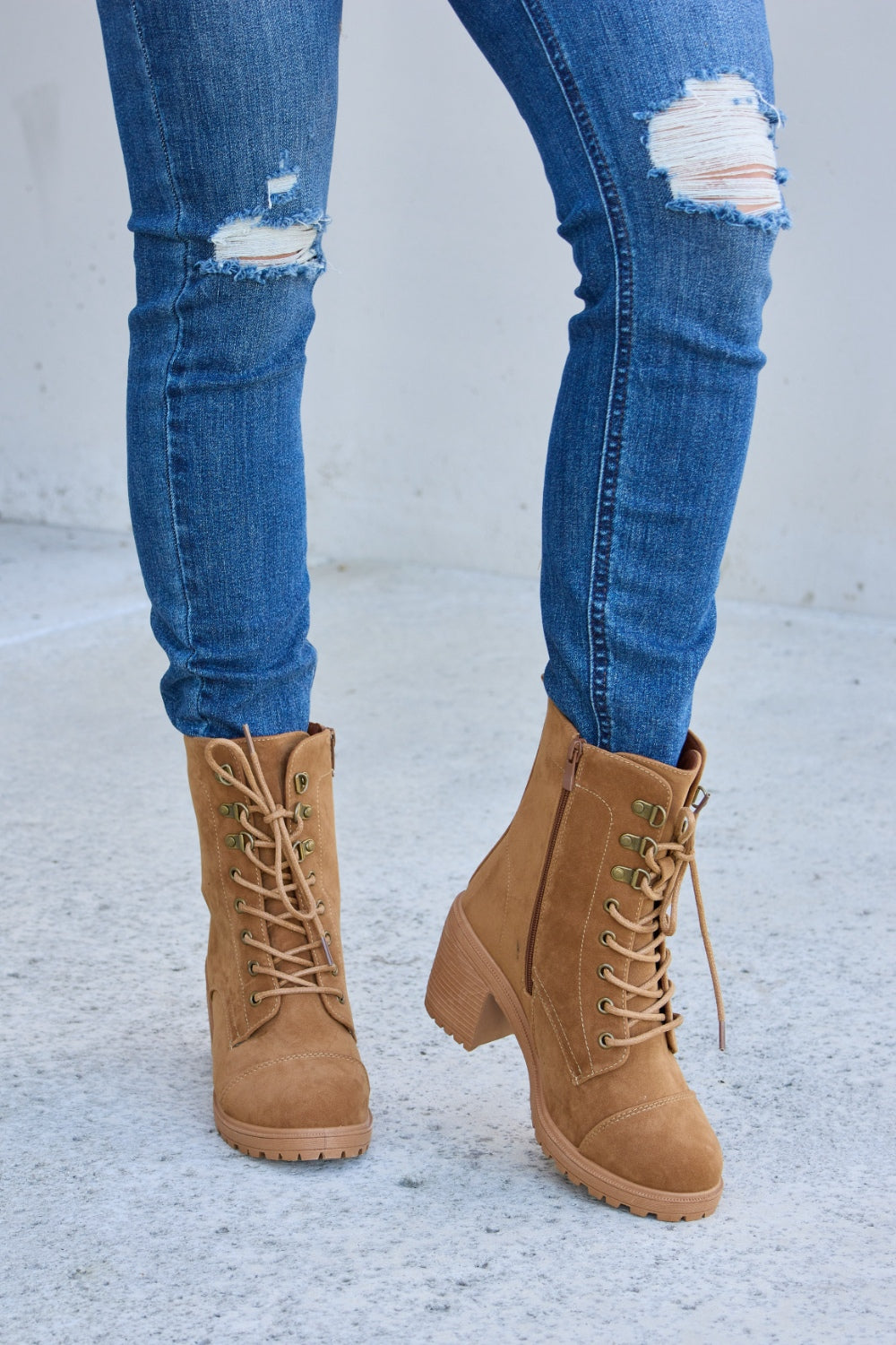 Forever Link Lace-Up Zipper Detail Block Heel Boots  Trendsi   