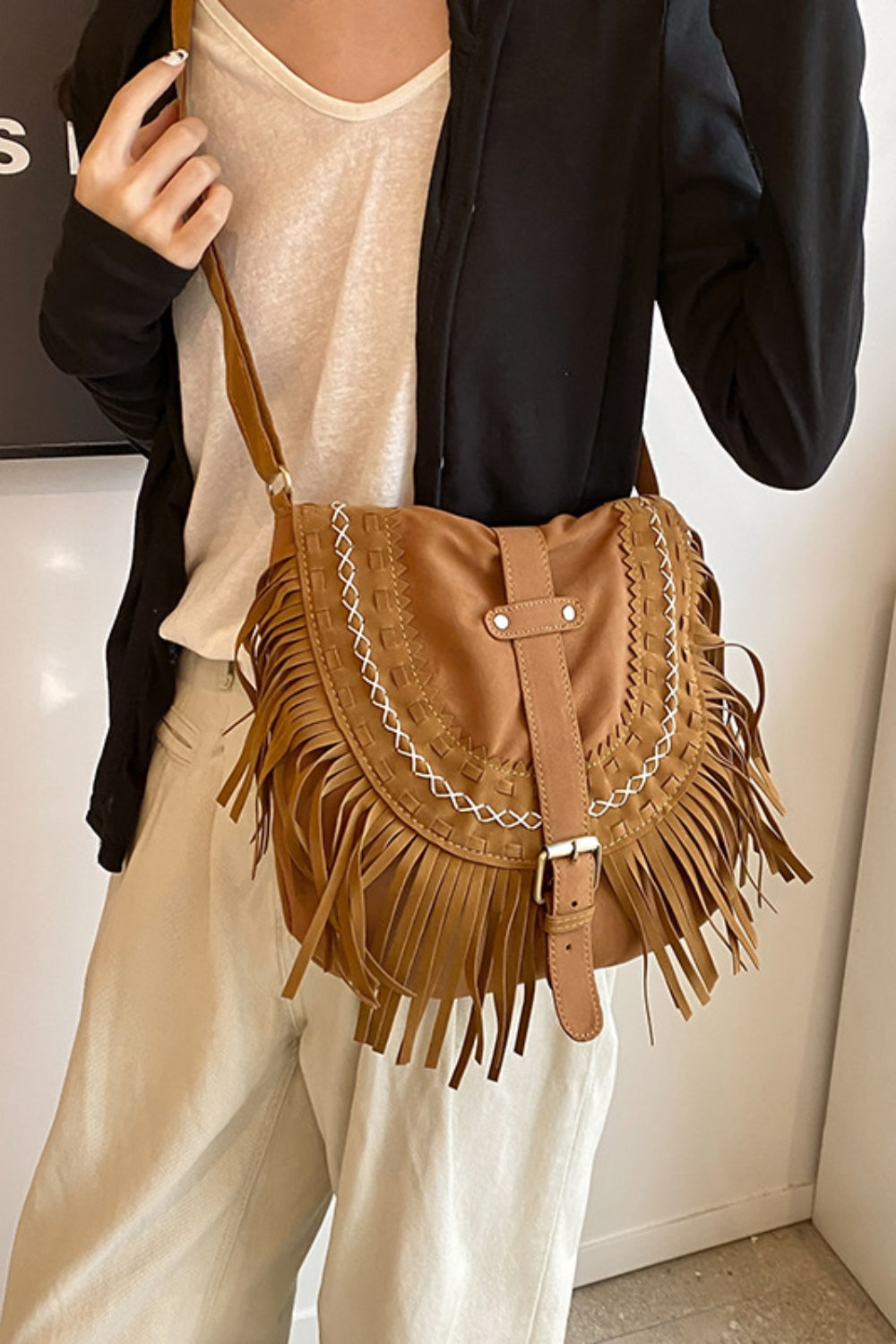 Suede Fringe Wide Strap Shoulder Bag  Trendsi   