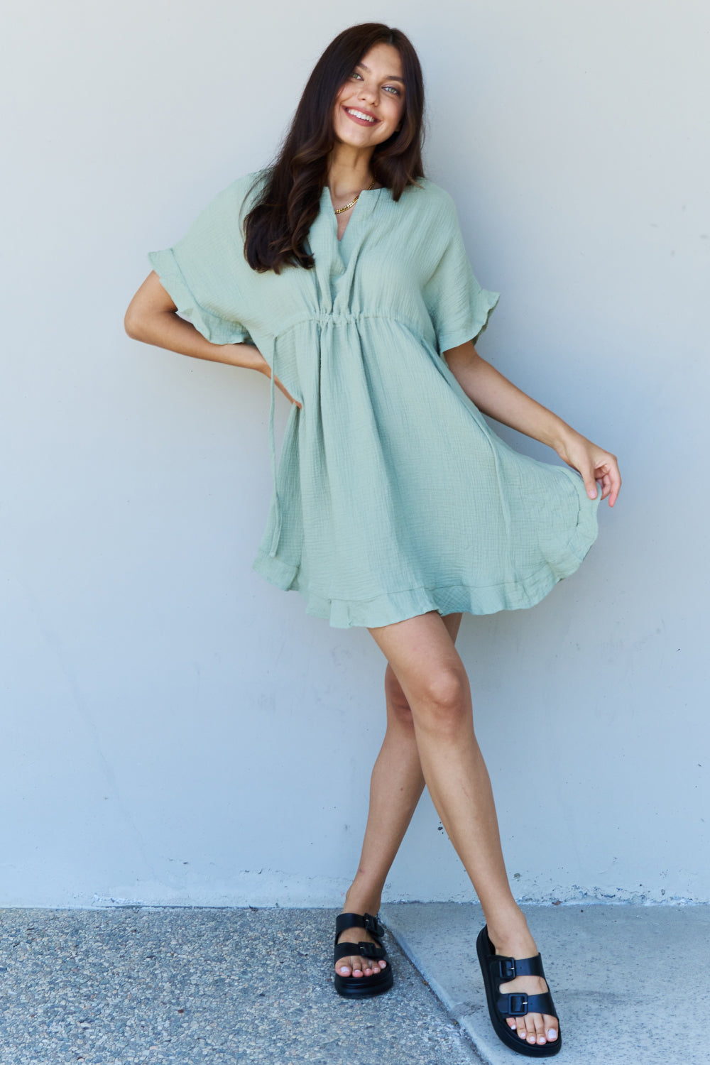 Ninexis Out Of Time Full Size Ruffle Hem Dress with Drawstring Waistband in Light Sage Sale Trendsi   